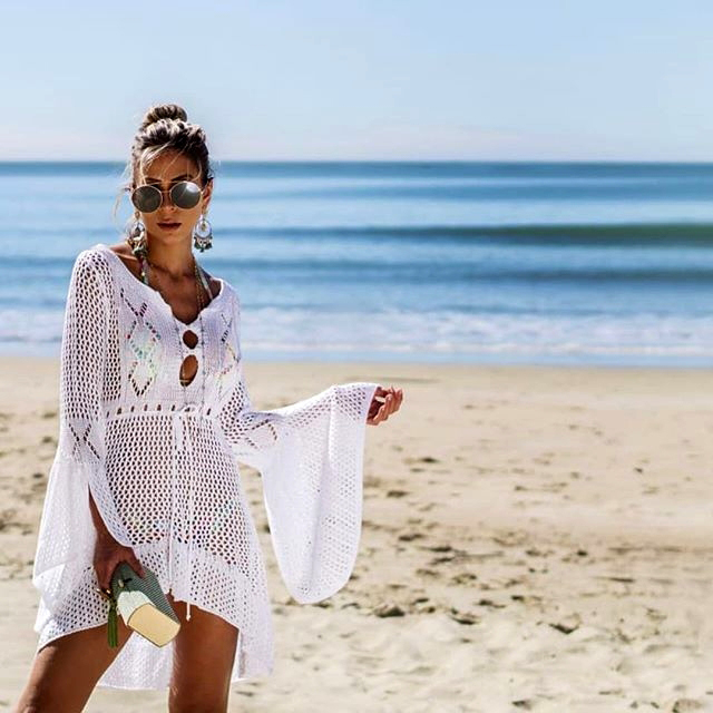 F4745-1 Cover up - Crochet White Knitted Beach Cover up Dress